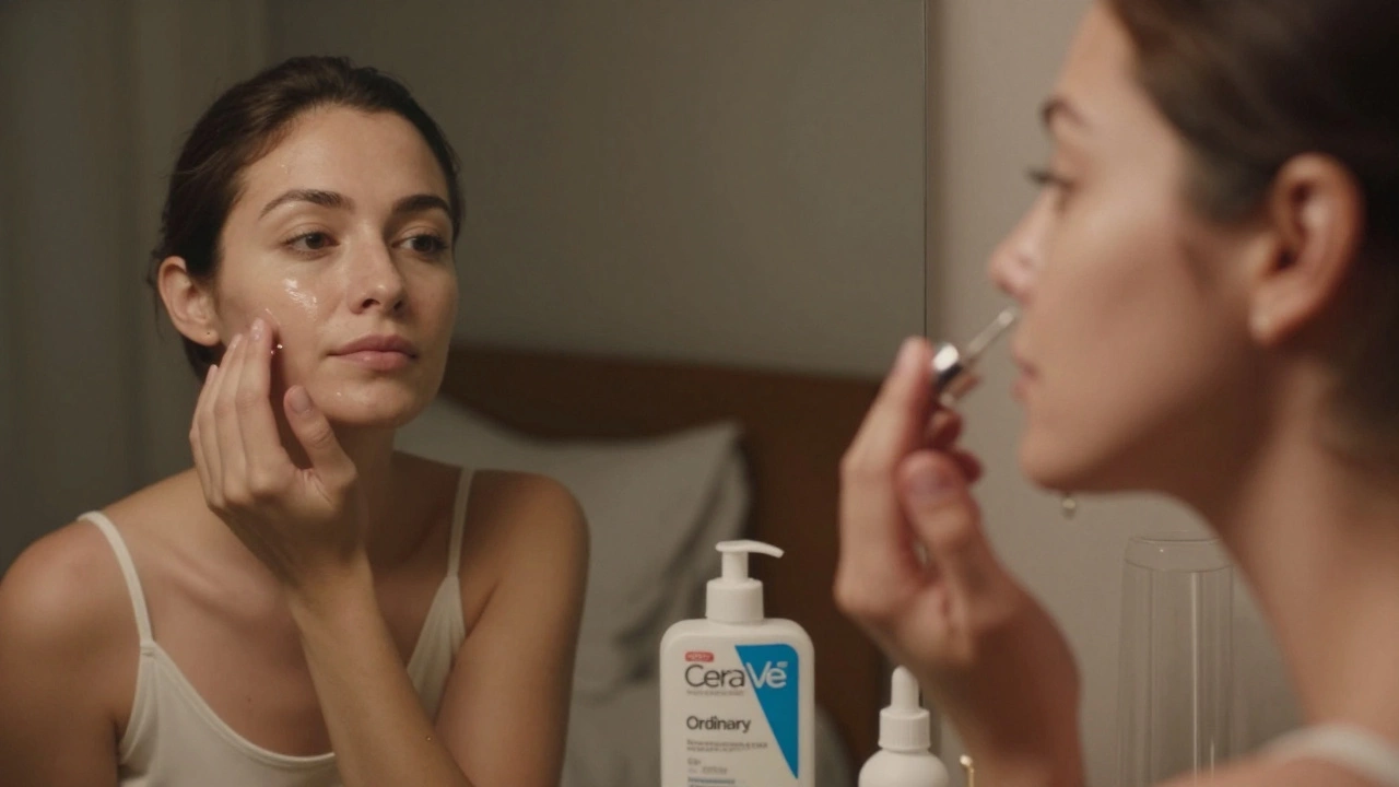 Woman applying serum at night, reflection showing improved skin beside a faded old photo.