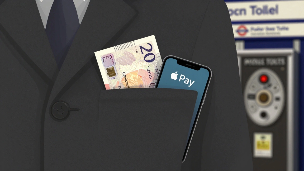 £20 note in coat pocket next to smartphone with Apple Pay, blurred Tube station signs.