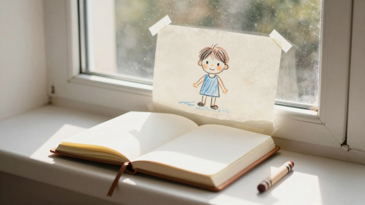 A closed journal beside a child's crayon drawing on a windowsill, sunlight filtering through dust.