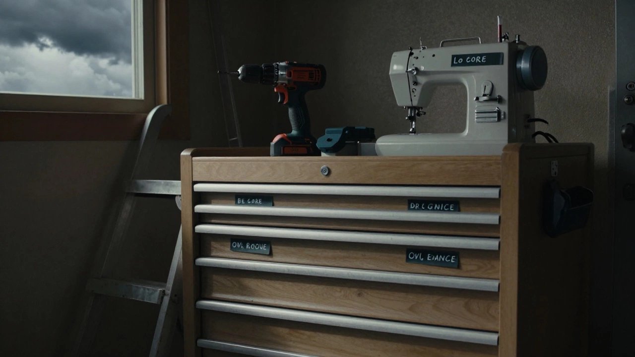 A labeled tool drawer with a drill, ladder, and sewing machine in a dim garage, stormy sky visible outside.