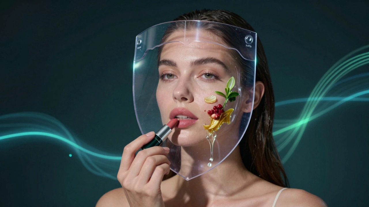 A woman applying lipstick as clean ingredients flow toward her face while harmful chemicals are blocked by a transparent shield.