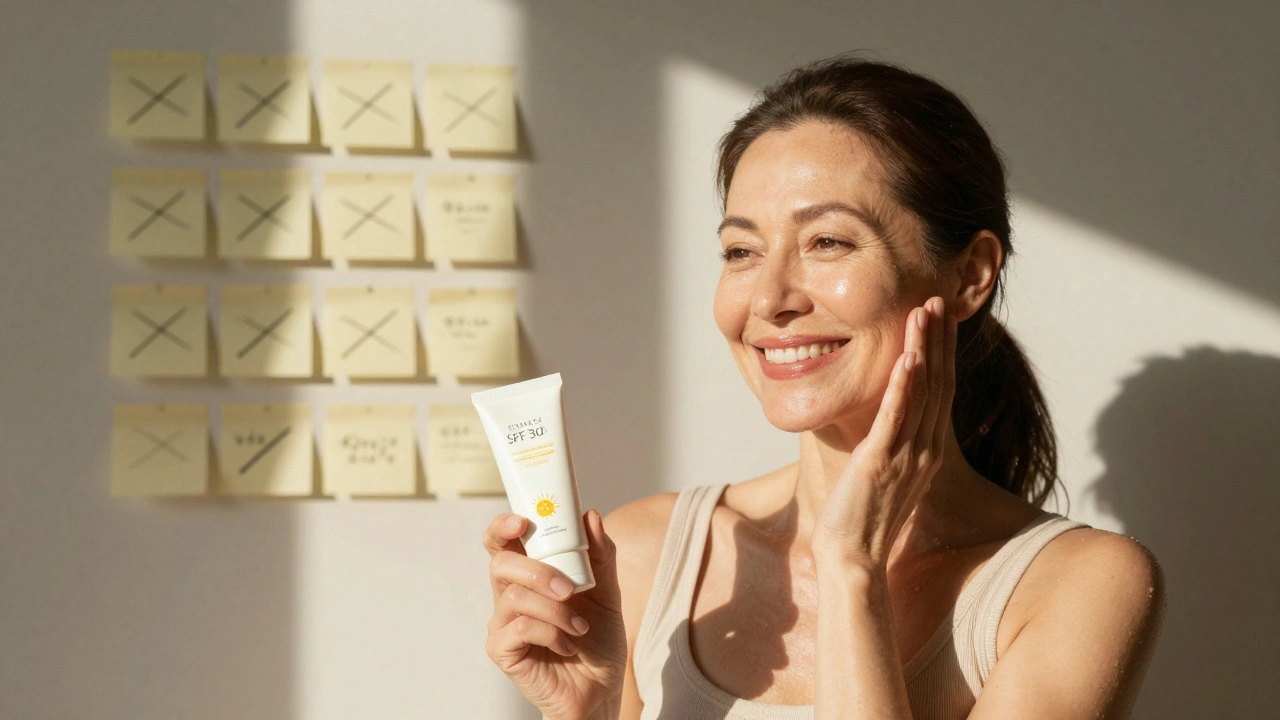 A woman smiling with natural glow, holding sunscreen, while faded skincare routines are crossed out behind her.