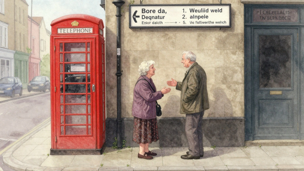 An elderly woman in Cardiff greets a neighbor with the Welsh phrase 'Bore da.'