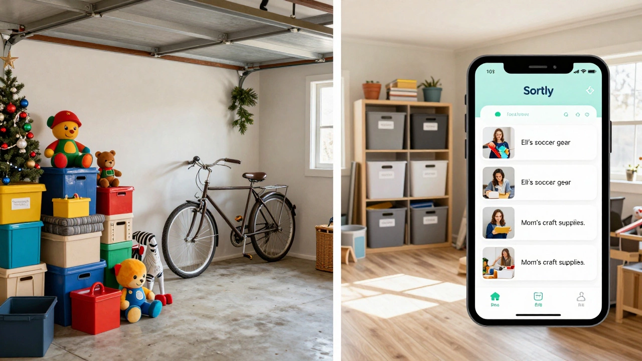 Before and after view of a cluttered garage transformed into organized storage with app labels.