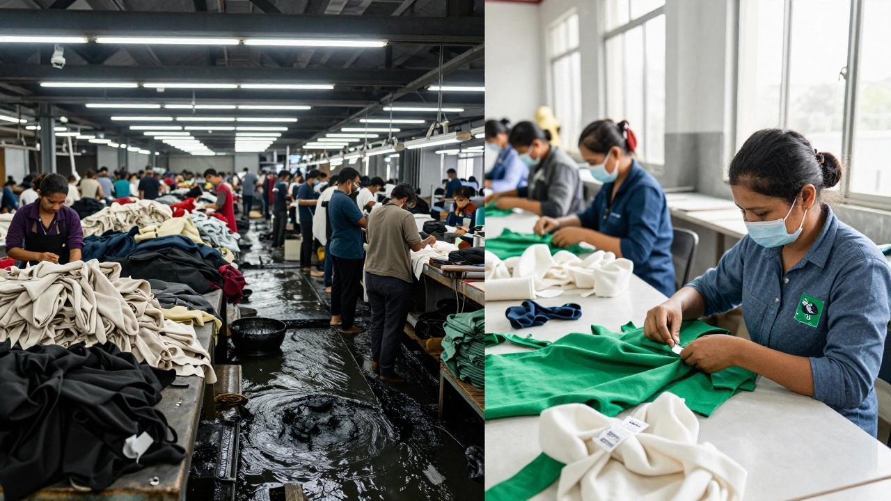 Contrasting images of exploitative factory conditions versus ethical garment production in natural light.
