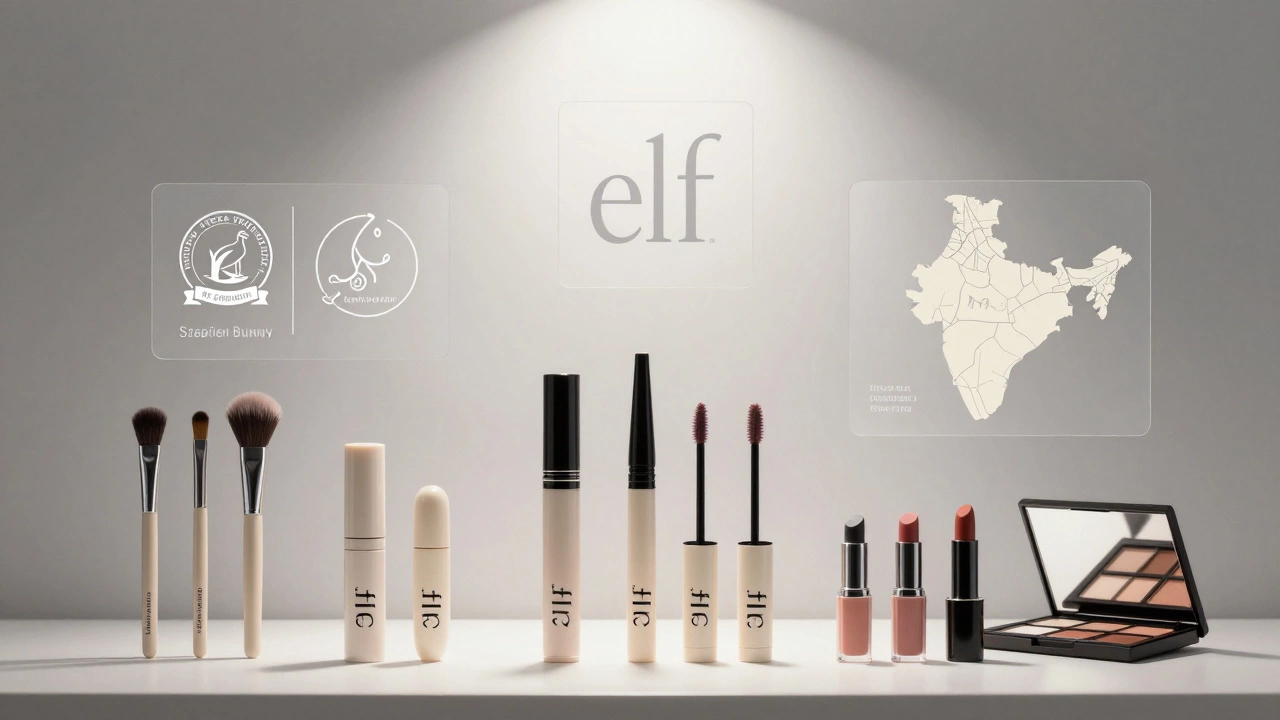Elf makeup items displayed with floating certification symbols and ethical sourcing map, no text or labels.