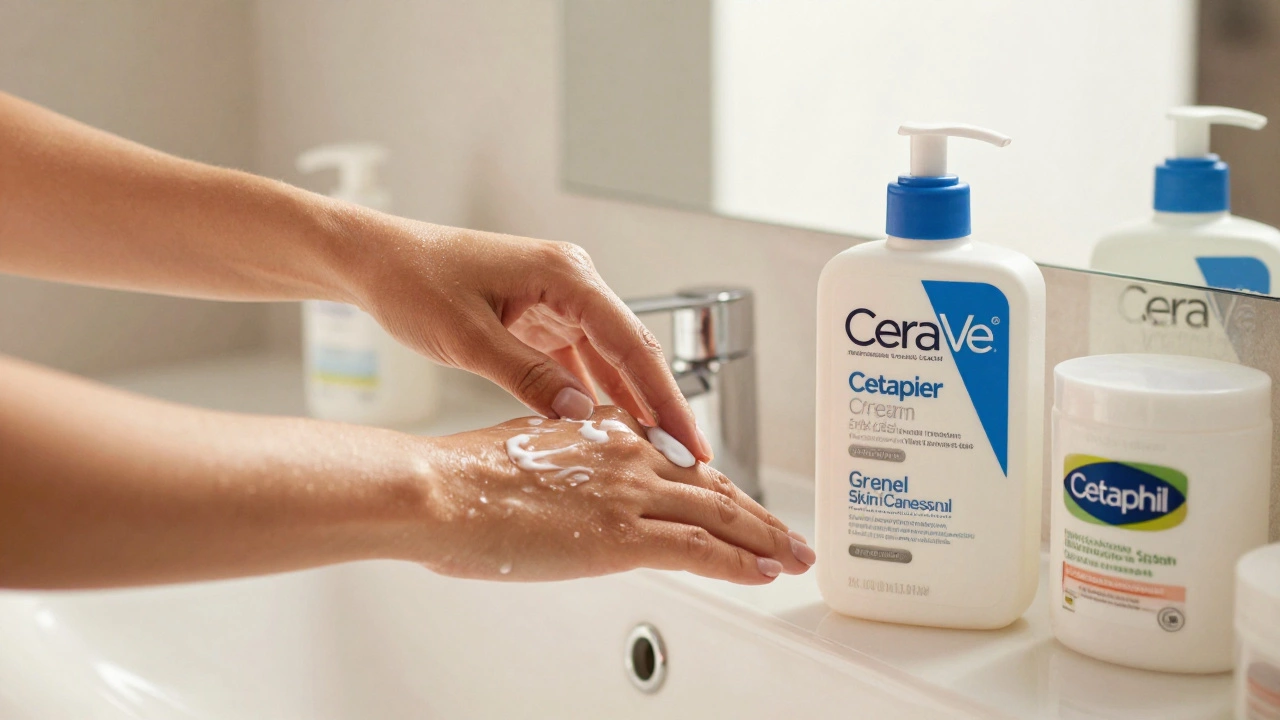 Hands applying CeraVe moisturizer after Cetaphil cleansing in bathroom.