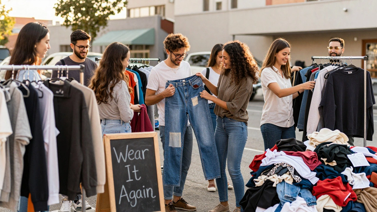 People happily swapping secondhand clothes at a community event, with one person patching jeans.