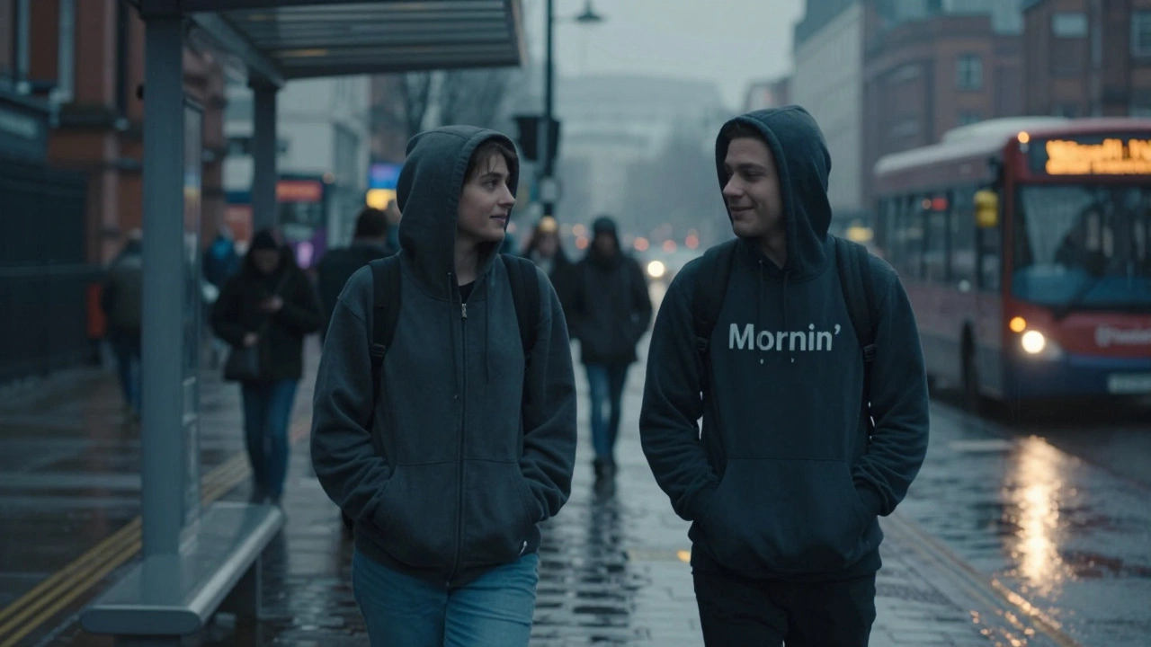 Two young people at a Manchester bus stop exchange a relaxed 'Mornin’' at dawn.