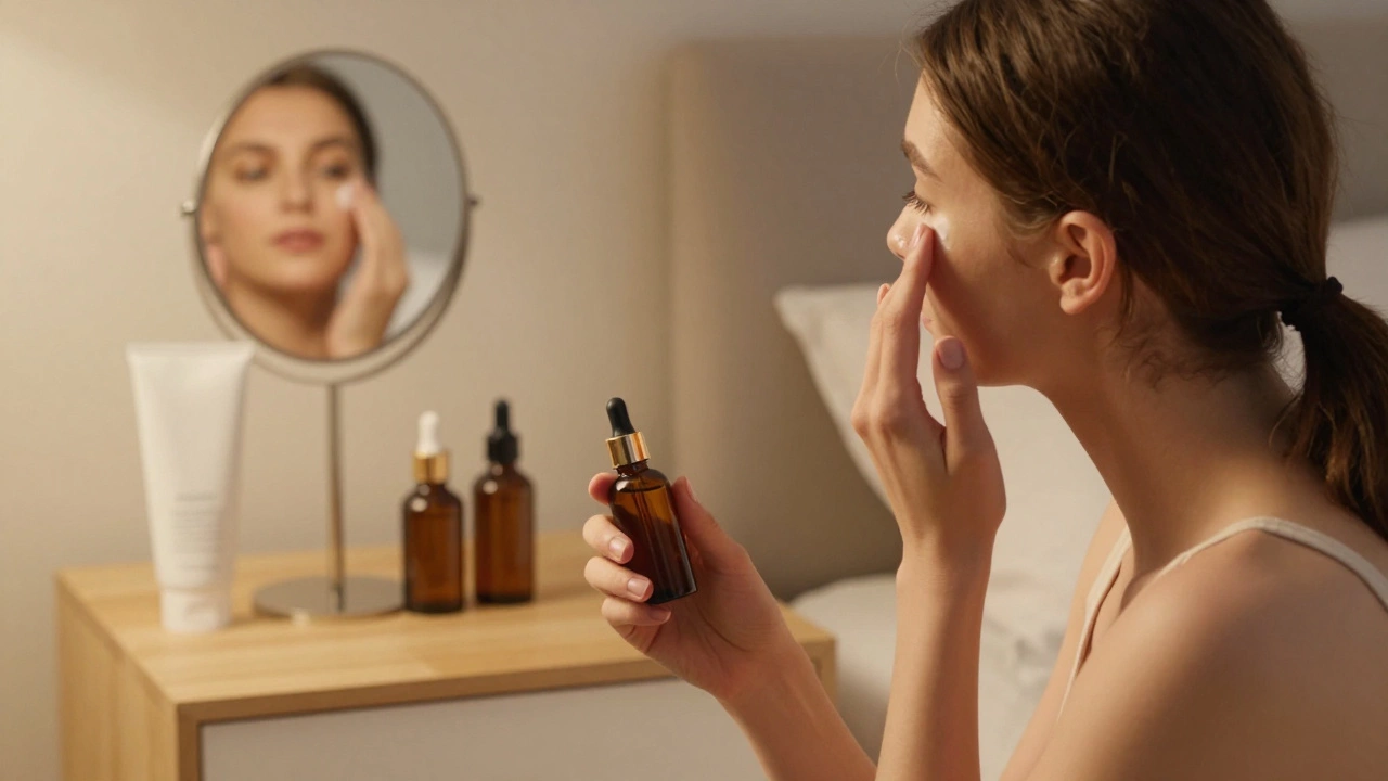 Woman applying eye cream gently under soft bedroom lighting.
