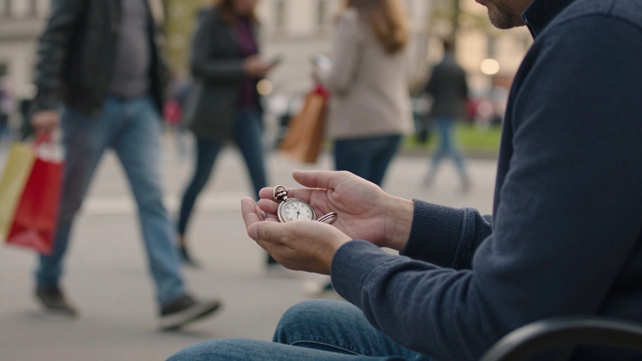 A man gently holding a broken pocket watch on a park bench, while blurred city life moves around him.