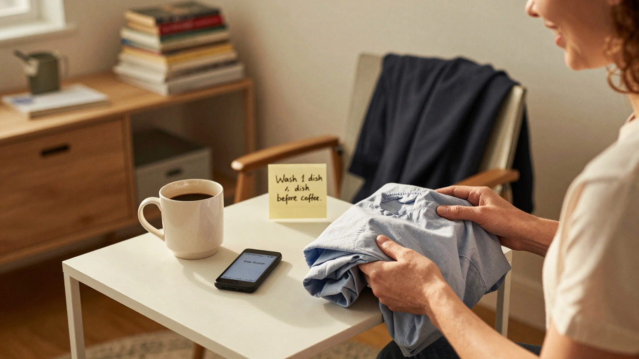 A person folds laundry beside a coffee mug with a sticky note reminder, in a room that’s functional but not spotless.