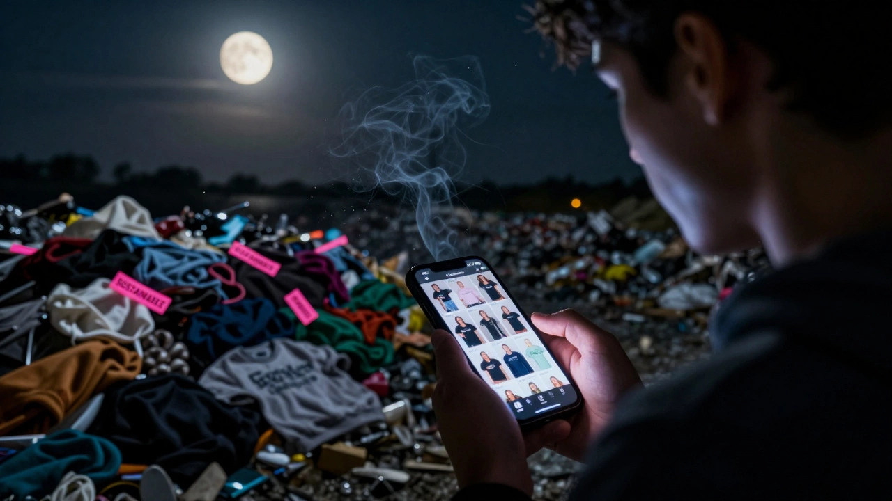 A person scrolling through fast-fashion ads at night as discarded clothes pollute a distant landfill.