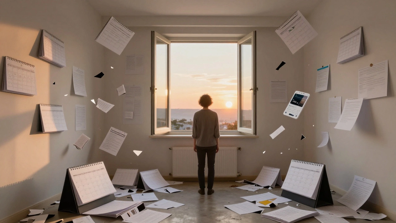 A person stands amid floating broken calendars and apps, with a peaceful sunset visible through a window, representing the illusion of control.
