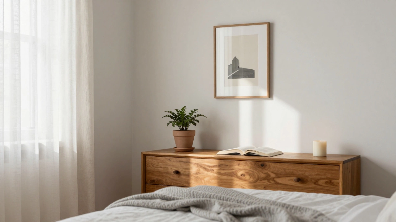 A serene bedroom corner with white walls, wooden dresser, and a single plant bathed in soft morning light.