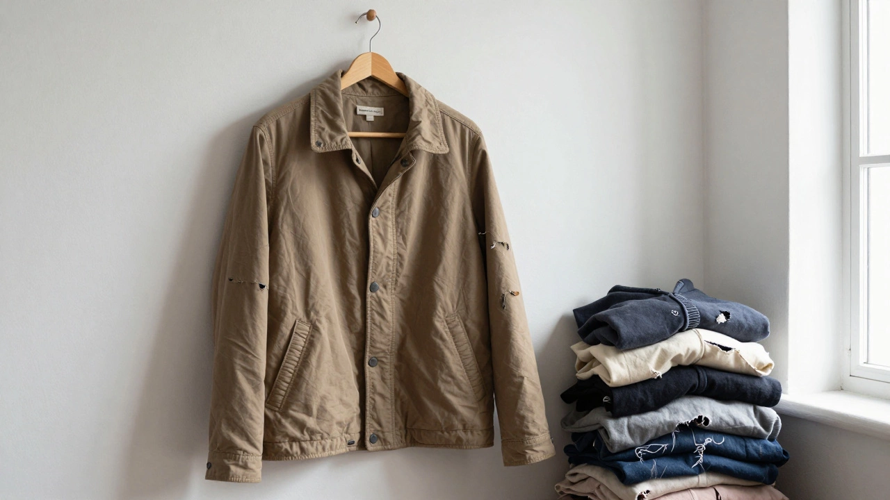 A single long-lasting jacket hangs beside five discarded fast-fashion hoodies in a quiet room.