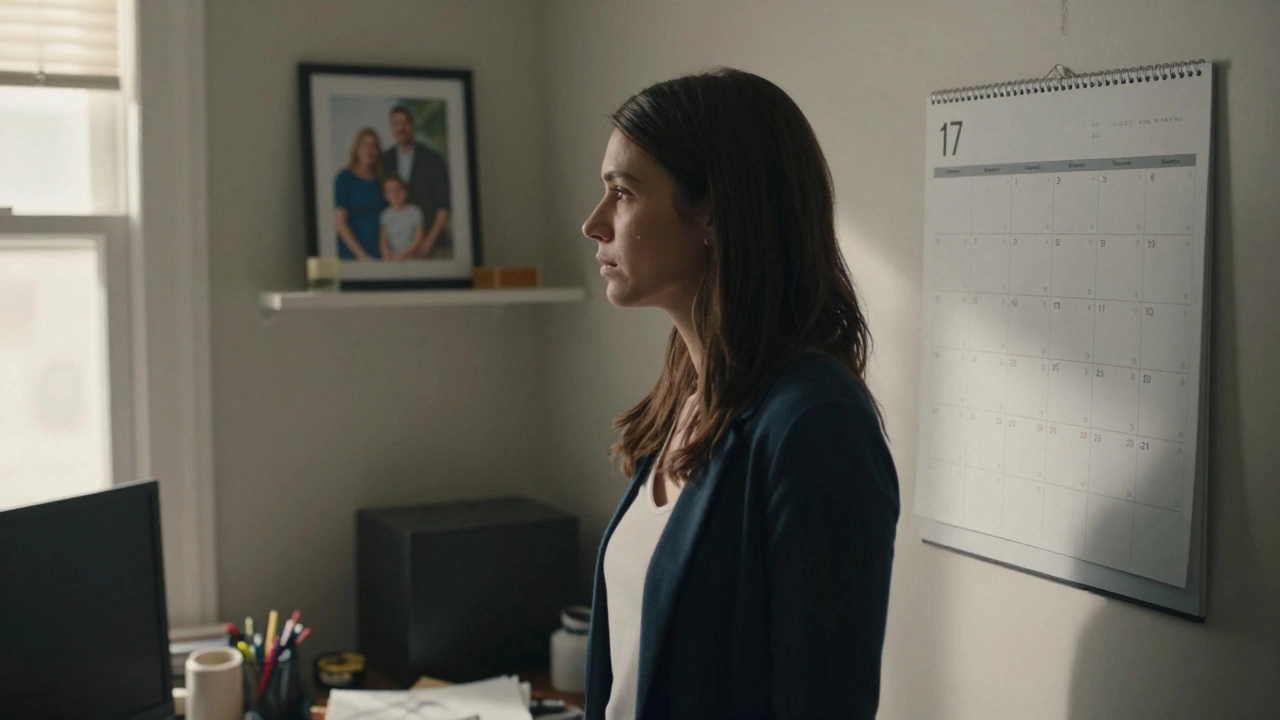 A woman in a home office, surrounded by work tasks, while a family photo is neglected and dusty.