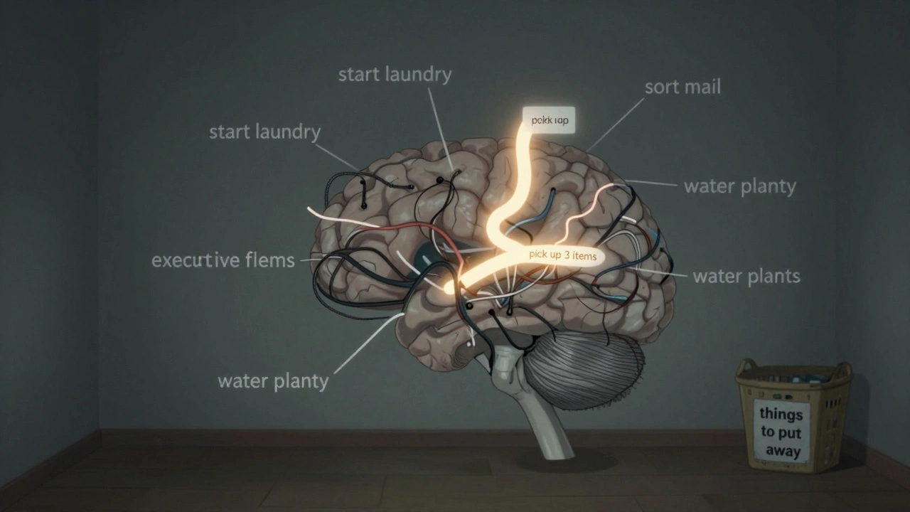 An abstract brain with tangled task pathways, one faintly glowing path labeled 'pick up 3 items' in a dim room.