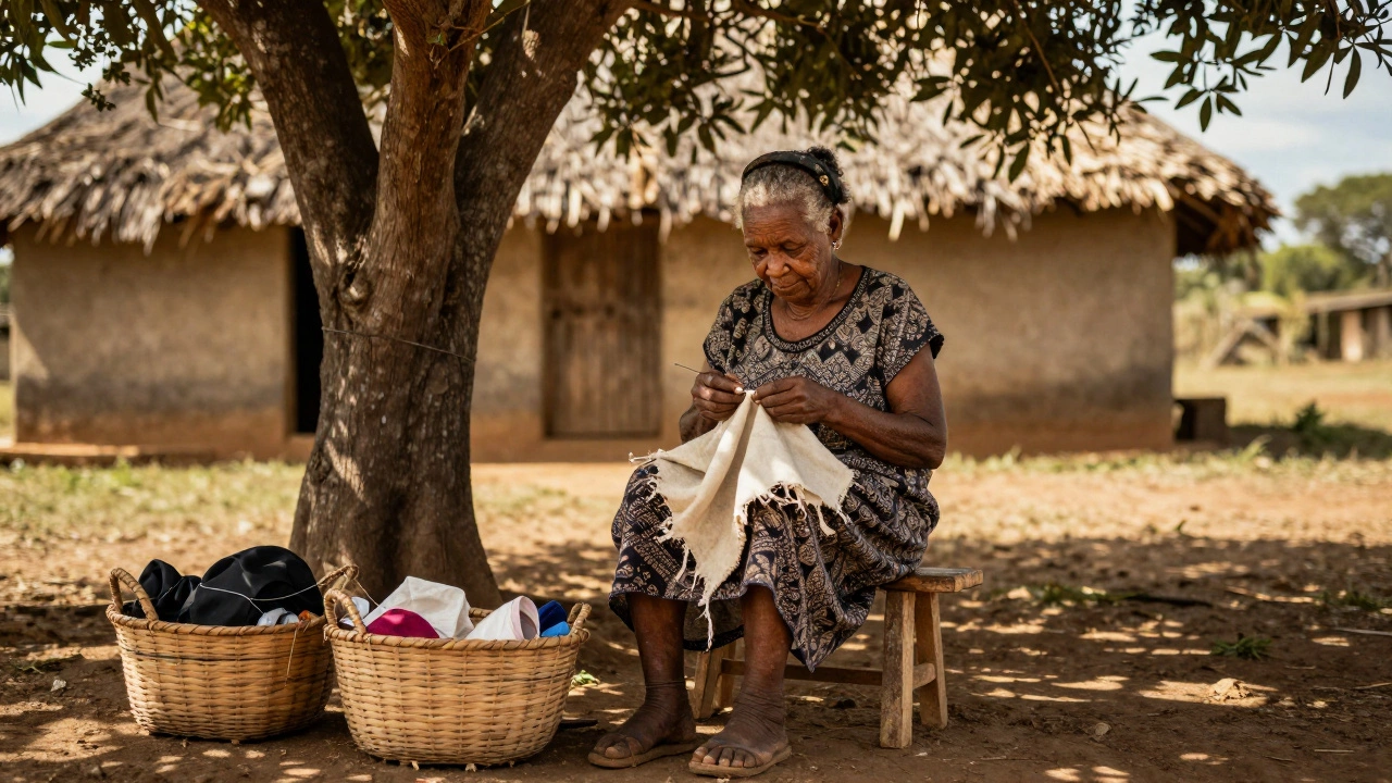 An elderly woman sewing clothes by hand under a tree, with two baskets holding all her belongings nearby.