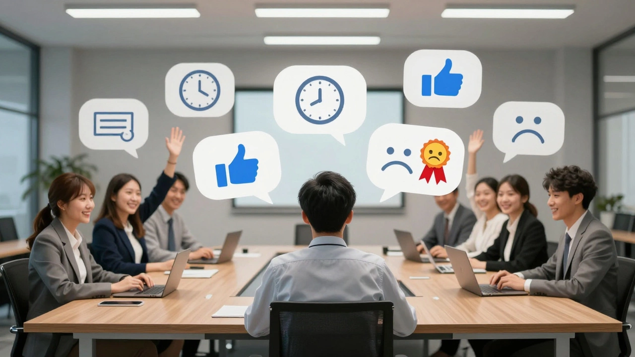 An employee sits alone at a table while floating icons of guilt, overtime, and promotion surround them, highlighting workplace pressure.