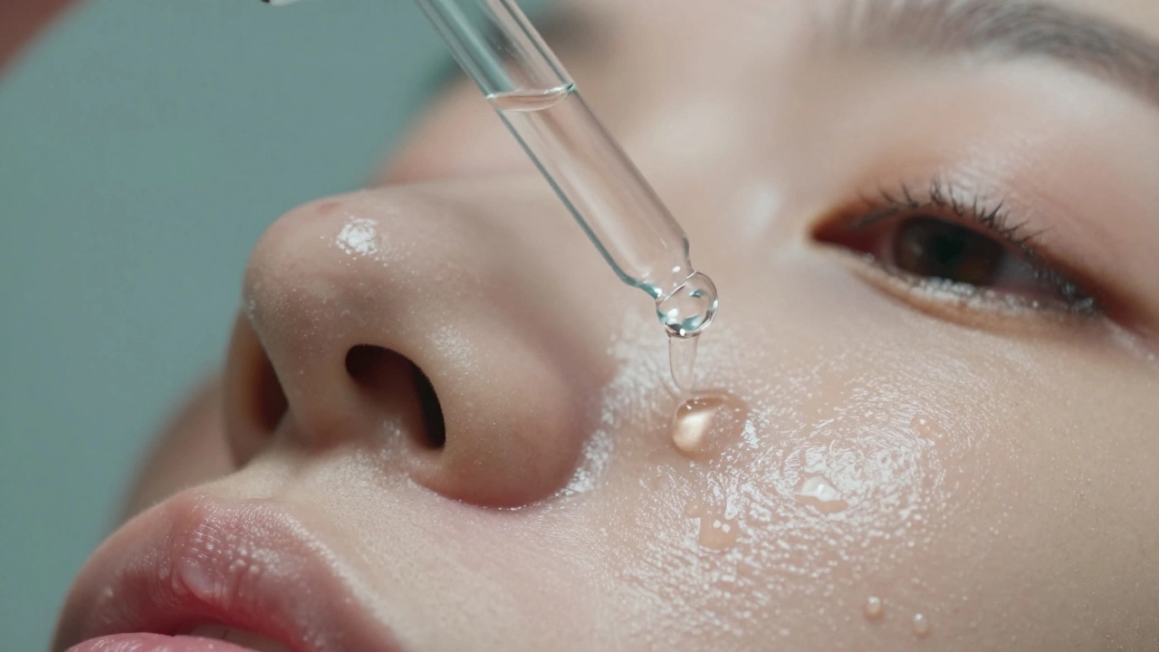 Close up of clear serum droplet falling onto smooth hydrated skin