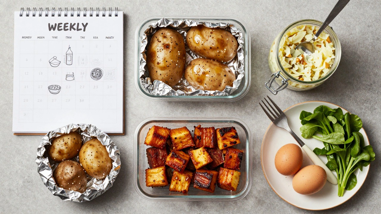 Meal-prepped potatoes organized with labels and a weekly meal plan on a kitchen counter