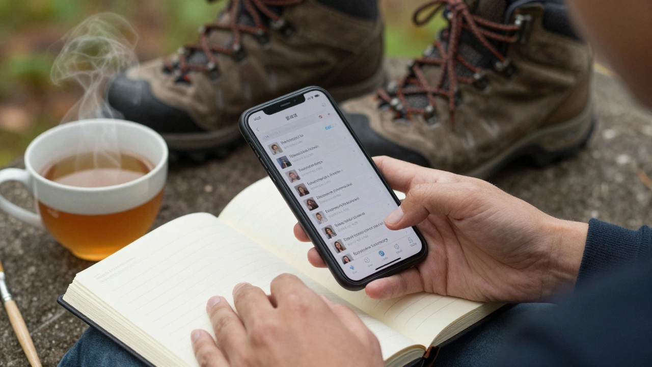 One hand scrolling work emails, the other touching a journal and tea, with hiking boots and paintbrush in background.