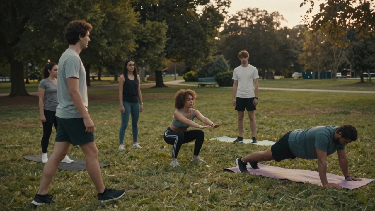 People walking, doing squats, and holding a plank in a park during golden hour.