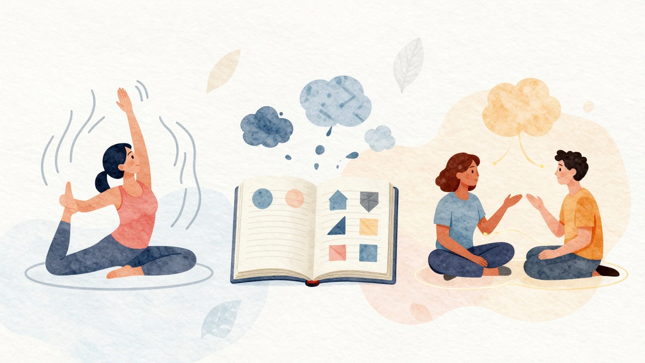 Three wellness activities shown in watercolor: yoga, journaling, and conversation