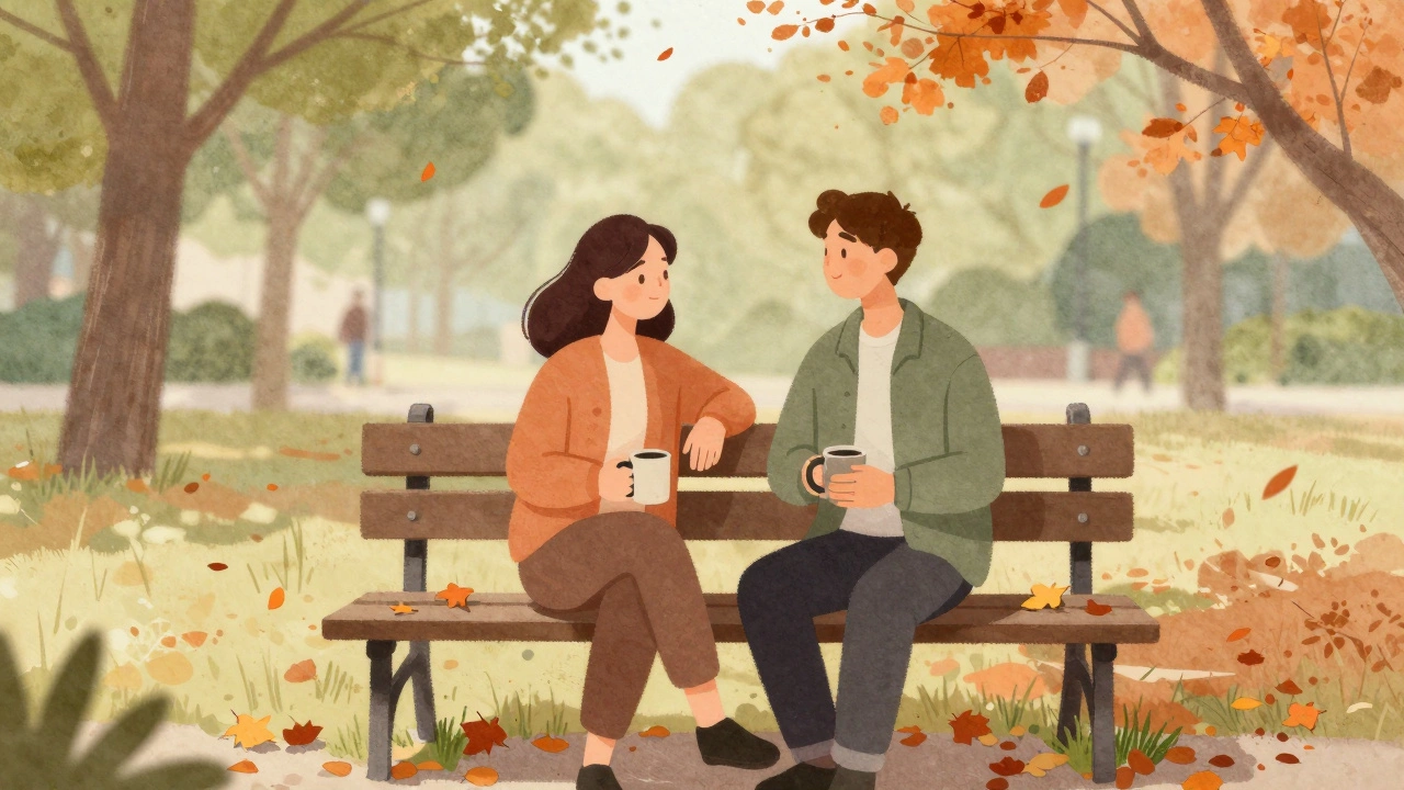 Two friends talking on park bench representing social support.