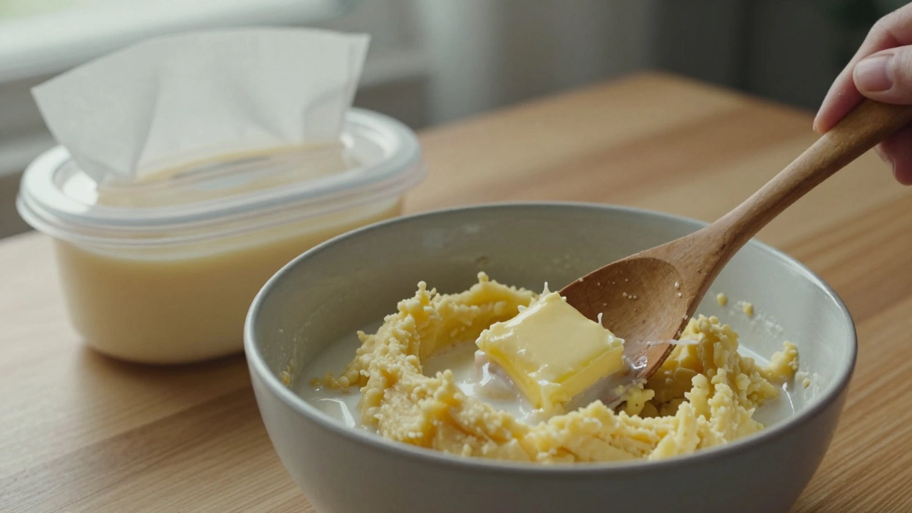 Yukon Gold potatoes being mashed with butter and warm milk in a ceramic bowl