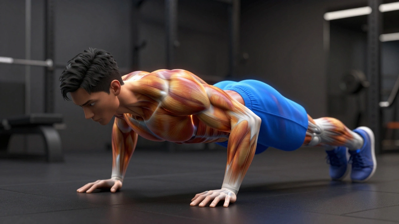 3D render of a person doing a pushup with highlighted muscles in the chest and core for stability.