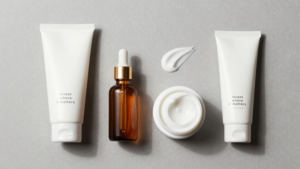 A curated four-step skincare routine featuring cleanser, serum, moisturizer, and SPF.