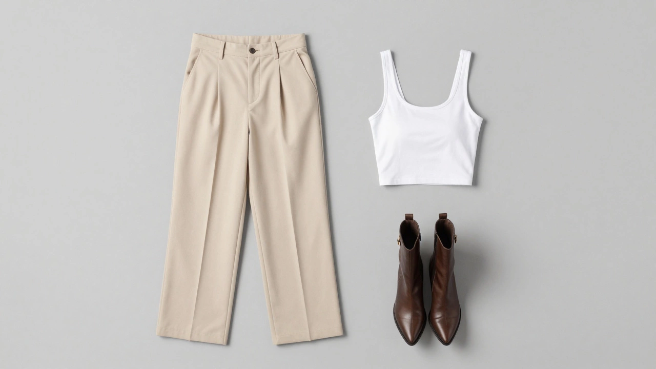 A flat lay of wide-leg trousers, a fitted top, and boots showing a balanced outfit silhouette