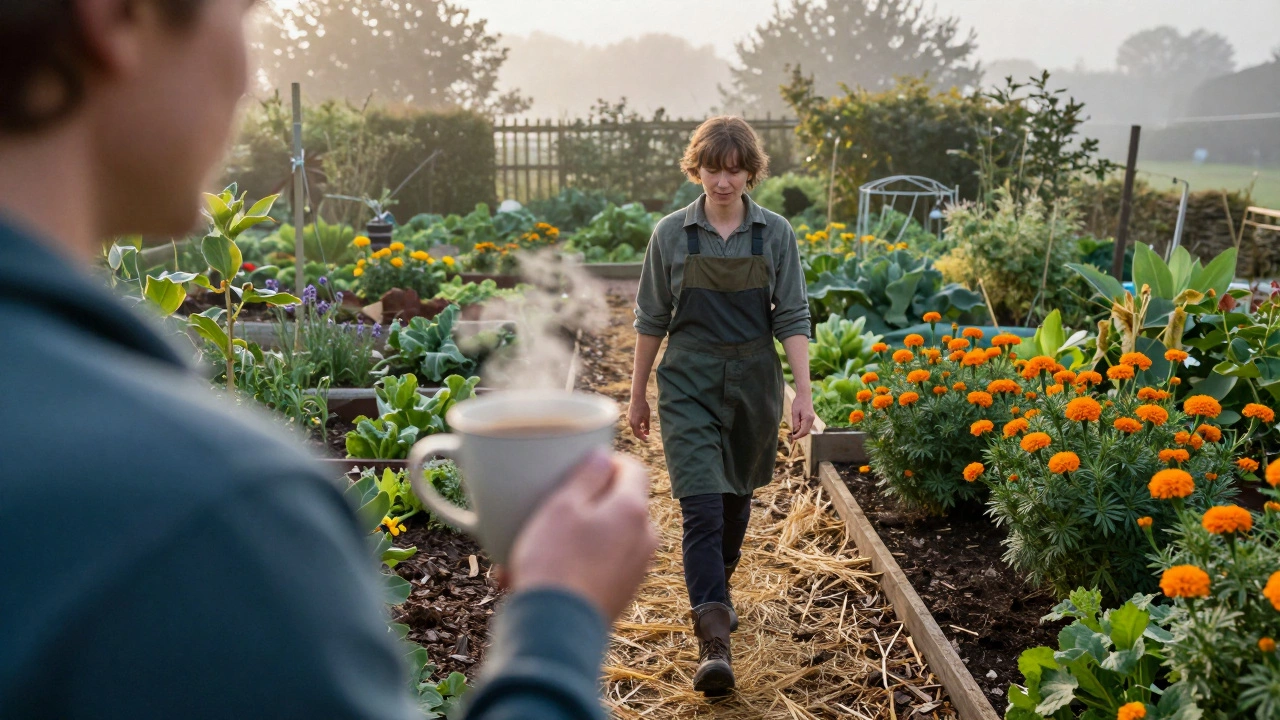 A gardener walking through a lush vegetable garden with a cup of coffee at dawn