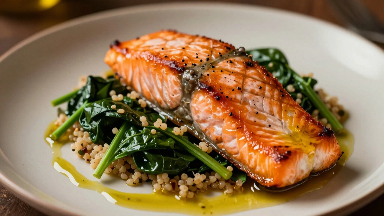 A grilled salmon fillet with spinach and quinoa drizzled with olive oil