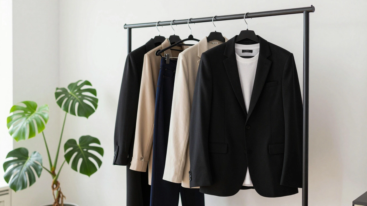 A minimalist clothing rack with a curated capsule wardrobe in neutral colors