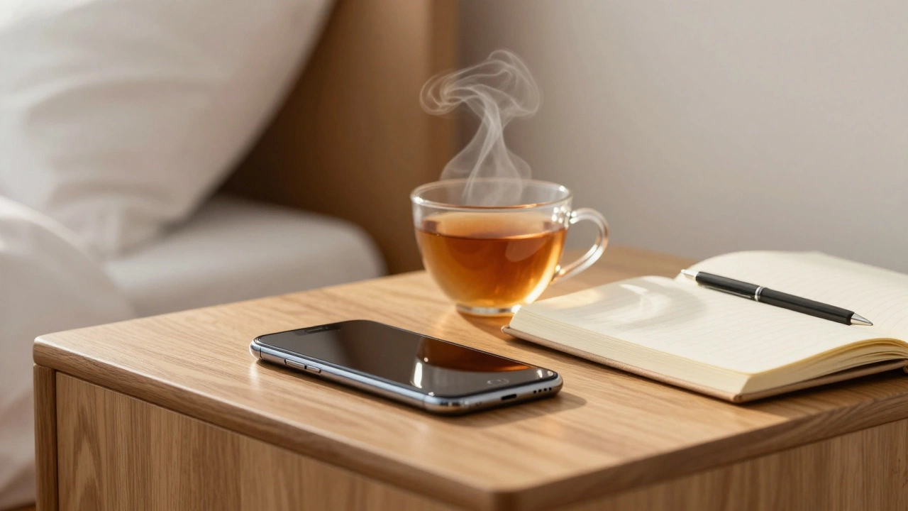 A phone lying face down next to a cup of tea and a journal on a clean wooden table.