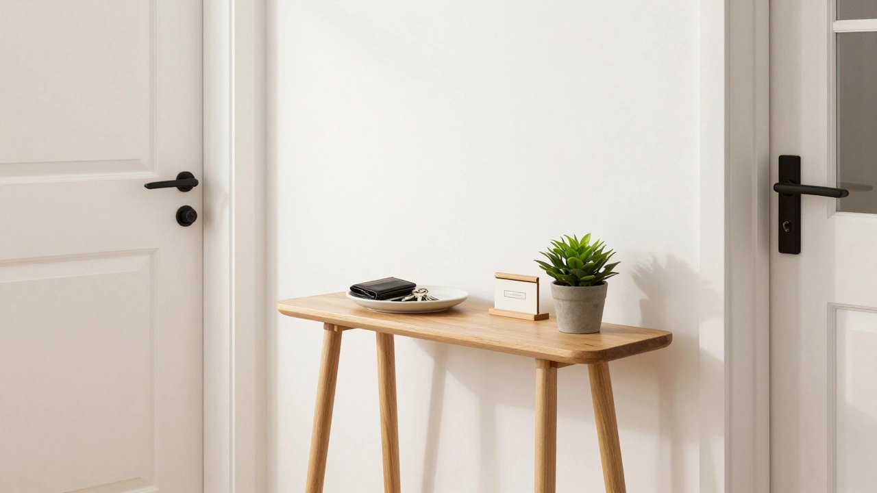 A tidy entryway console table with a key tray and mail organizer in a minimalist home.