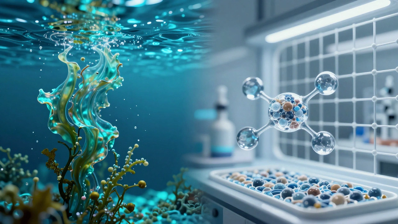 Abstract 3D visualization of marine kelp elements and molecular scientific structures.