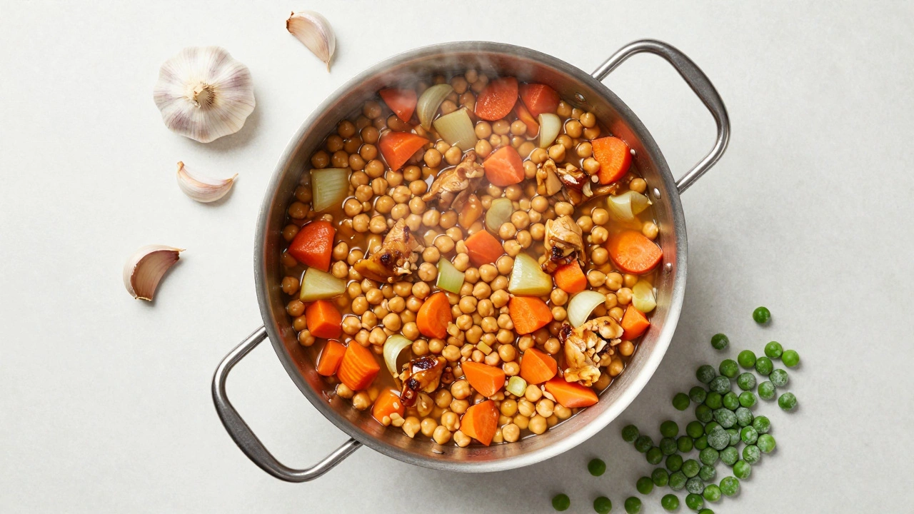 An overhead view of a nutritious chickpea and vegetable stew cooking in a large pot.