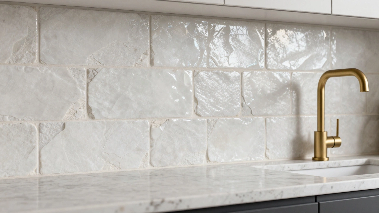 Close-up of shimmering Zellige tiles, matte quartz countertop, and mixed gold and black hardware