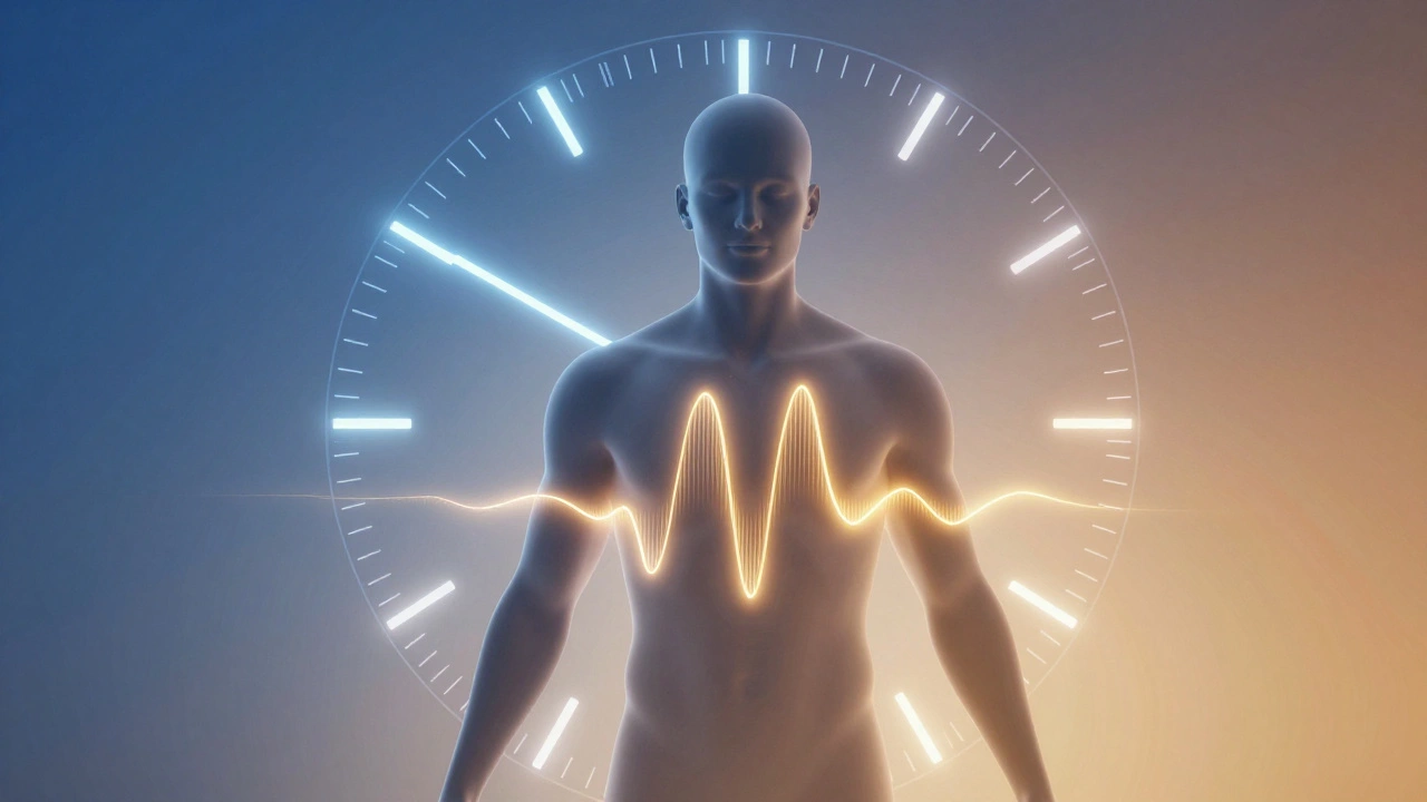 Conceptual art of a human silhouette with a glowing circadian rhythm clock.