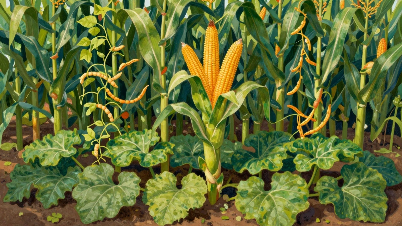 Corn, beans, and squash growing together in a companion planting system