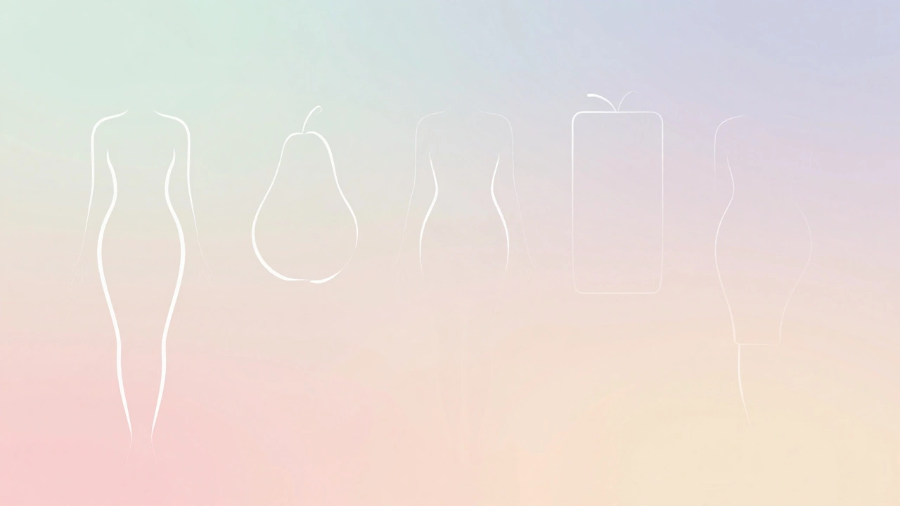 Five minimalist female silhouettes illustrating hourglass, pear, apple, rectangle, and inverted triangle shapes