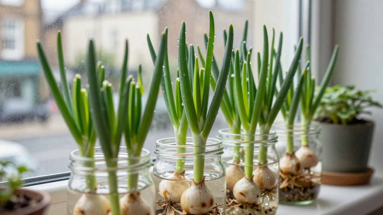 Green spring onions growing in water jars on a sunny windowsill.