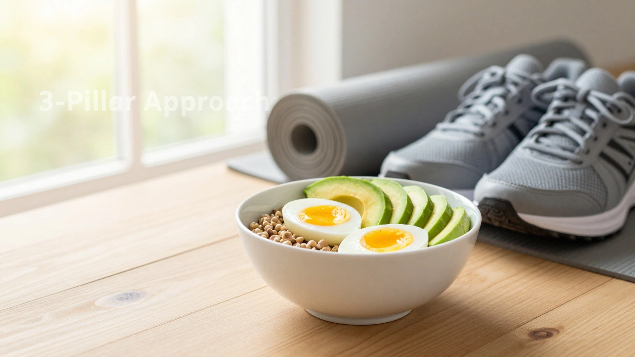 Healthy high-protein breakfast and workout gear on a table, symbolizing a holistic health approach.