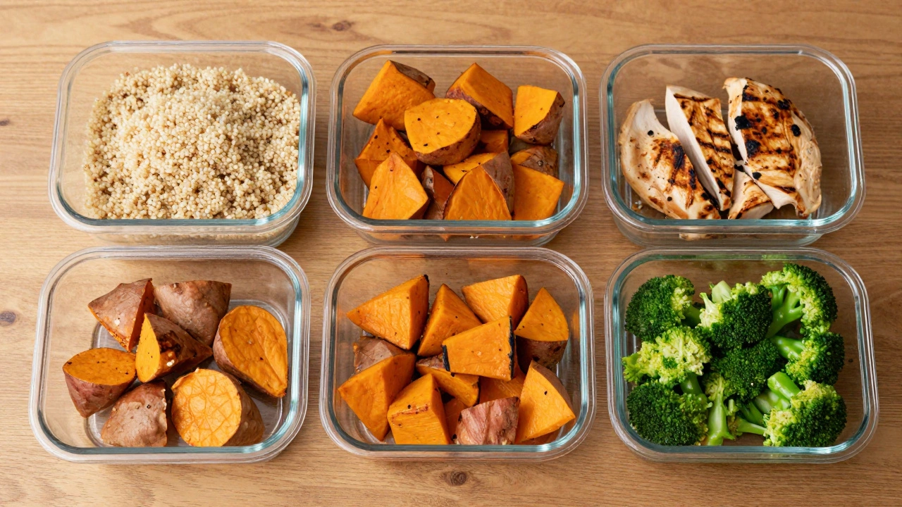 Organized meal prep containers with quinoa, chicken, and vegetables on a wooden table.