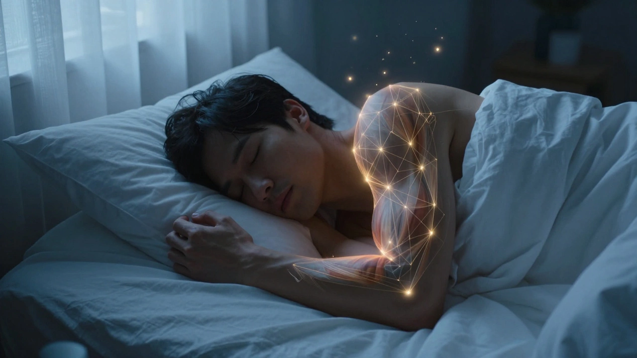 Person sleeping peacefully with glowing golden symbols representing muscle recovery