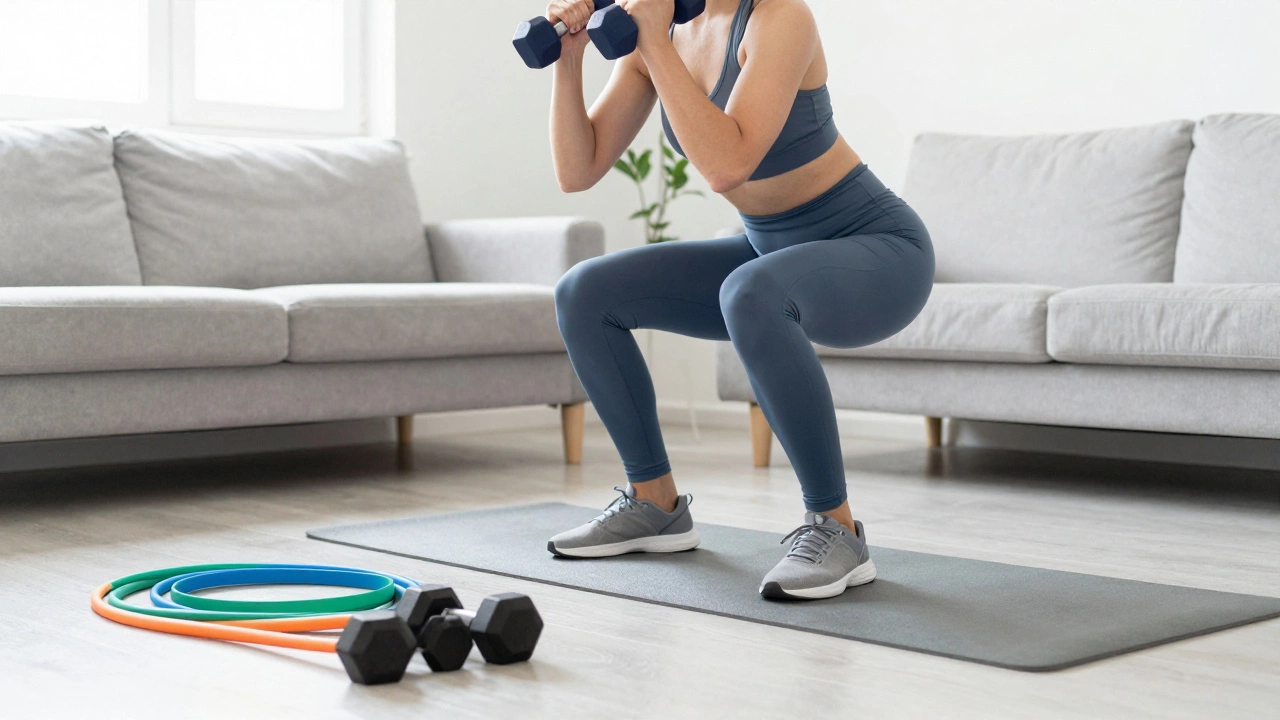 Person using dumbbells for squats in a bright living room with resistance bands nearby